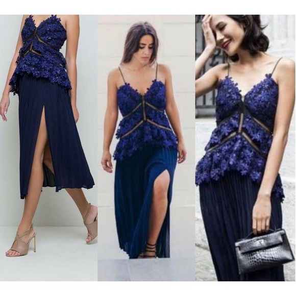 Self-Portrait Lace Double Peplum Tiered Pleated Navy Blue Midi Dress Size 2 - Picture 10 of 11